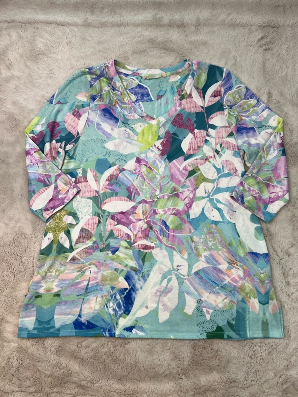Soft Surroundings Floral V-Neck Top Size XL Aqua Teal Multicolor Spring Summer